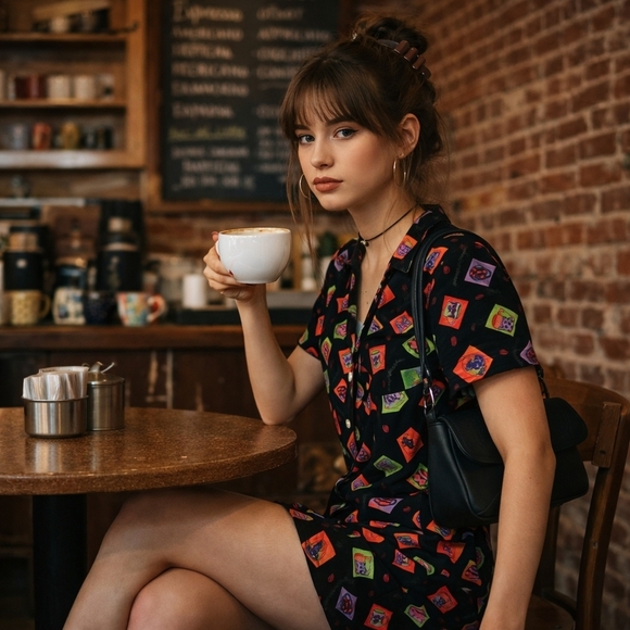 Anxiety Dresses & Skirts - Vintage 90s Anxiety Button Front Dress Size M/L Coffee Cup Print Short Sleeve